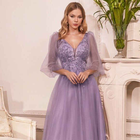 ENGLISH VIOLET PROM PARTY PUFFY SLEEVES A-LINE GLITTER TULLE A-LINE DRESS cd0182 - Picture 5 of 8